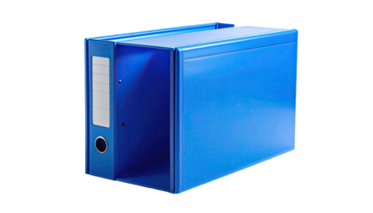 A vibrant blue rectangular office file holder with a label and a handle hole