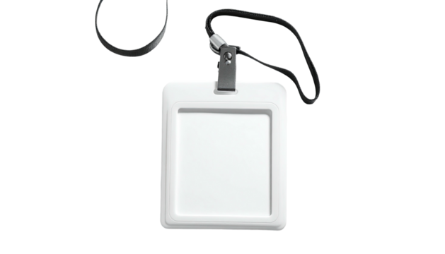 A white, blank plastic identification badge on a black lanyard hangs against black - Powered by Adobe