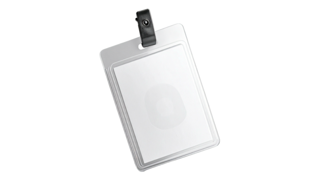 Transparent ID badge with clip, blank inside, against a black background - Powered by Adobe
