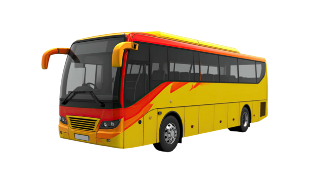 A yellow and red long-distance passenger bus, isolated against a transparent background