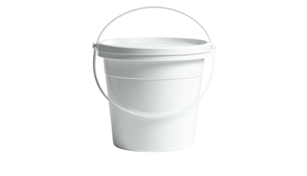 A white plastic bucket, handle arched, lid sealed, set against a black backdrop