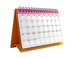 A desk calendar showing a month view, with a pink top and orange stand