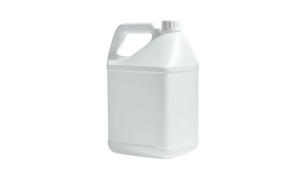 Isolated white plastic jug with handle and cap, against a black background