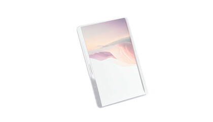 A sleek, modern rectangular device with a screen showing a dreamy cloudscape, angled