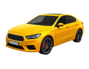 A bright yellow sedan gleams against a black backdrop, showcasing modern design