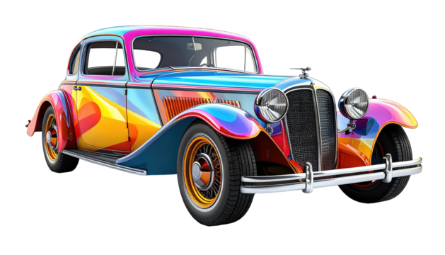 A classic, vintage coupe is painted with vibrant, psychedelic colors, isolated on white
