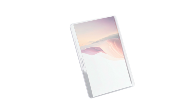 A sleek, modern rectangular device with a screen showing a dreamy cloudscape, angled