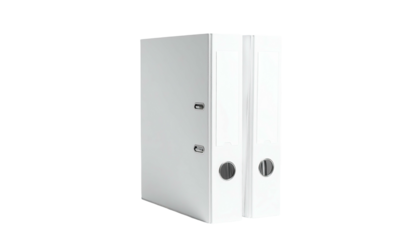 Two stacked, blank white binders with metal rings sit on a black background