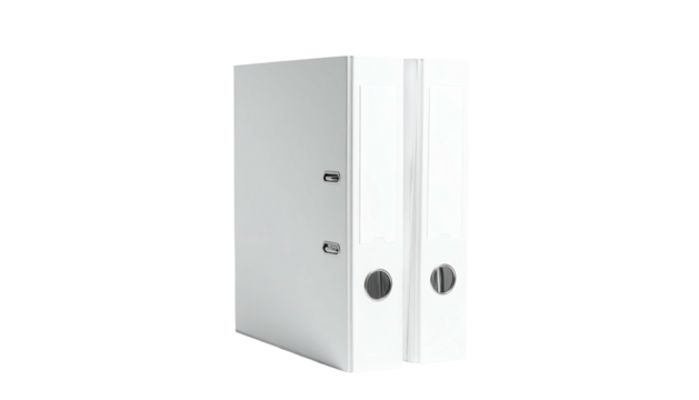 Two stacked, blank white binders with metal rings sit on a black background