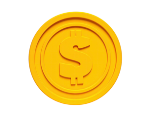 A golden coin, front view, with the dollar sign in the center. Black background