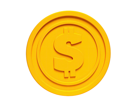 A golden coin, front view, with the dollar sign in the center. Black background - Powered by Adobe