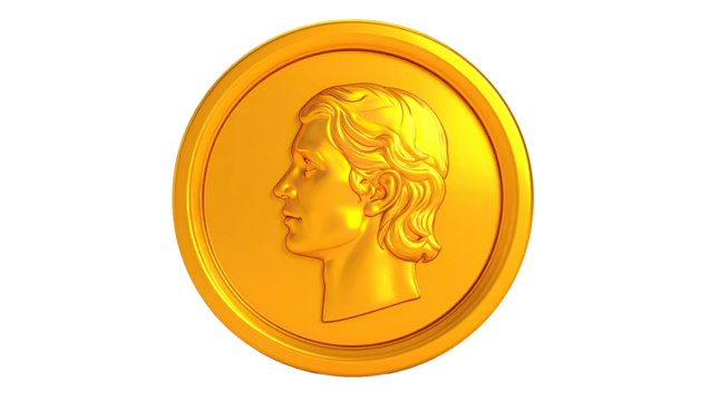 A golden coin features a detailed profile portrait against a black background