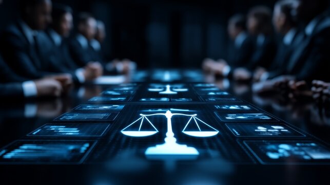 Virtual Business Meeting with Legal and Management Concepts , Digital Screens with Copy Space for Strategic Decisions