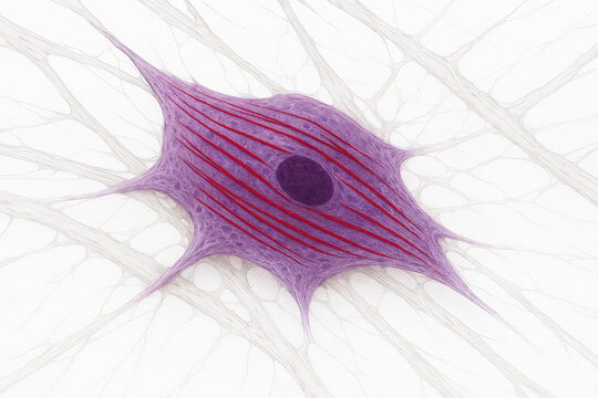 Close-up 3D illustration of a fibroblast cell with nucleus and contractile filaments surrounded by extracellular matrix