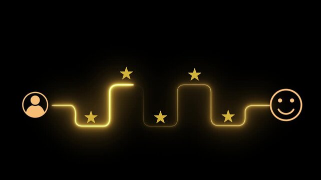 Satisfaction Experience Concept on the transparent background. Interacts with a digital interface customer journey, marked by stars and ending with a glowing smiley face. User experience idea.
