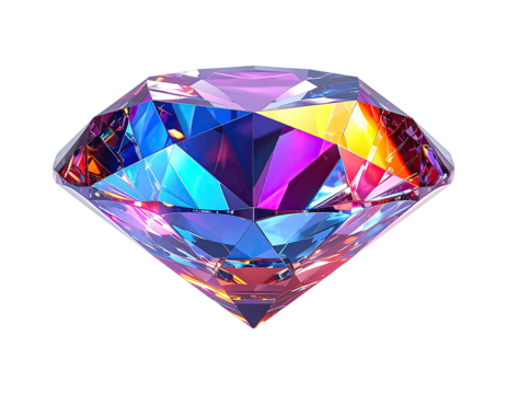 A faceted, colorful gemstone with vibrant internal reflections against a black backdrop