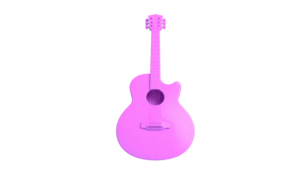 A pink, acoustic instrument stands against a black background