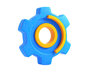 3D rendering of a blue gear with a yellow partial circle, set on a black backdrop