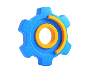 3D rendering of a blue gear with a yellow partial circle, set on a black backdrop