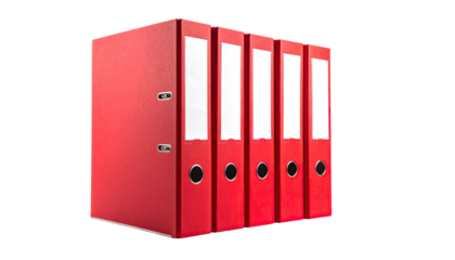Stack of red ring binders with white spines, arranged neatly on a white surface