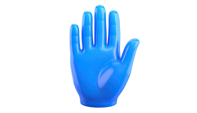 A glossy, blue, open hand, rendered against a stark black background