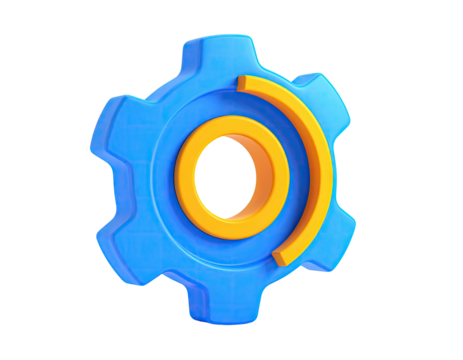 3D rendering of a blue gear with a yellow partial circle, set on a black backdrop