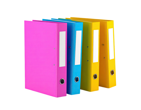 Four colorful binders stand upright, lined, and labeled on a stark black backdrop