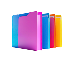 3D rendering of colorful, stylized folders arranged in a row against black