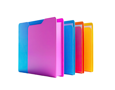 3D rendering of colorful, stylized folders arranged in a row against black