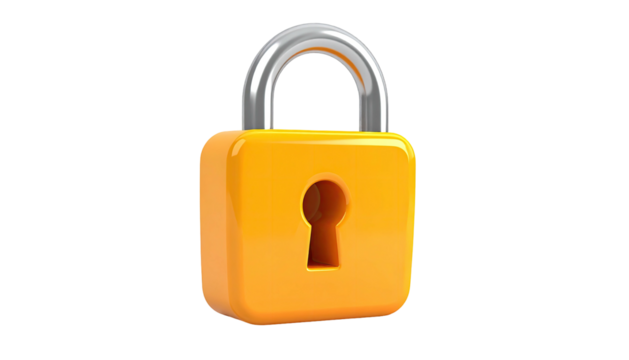 A bright yellow padlock with a silver shackle against a black background