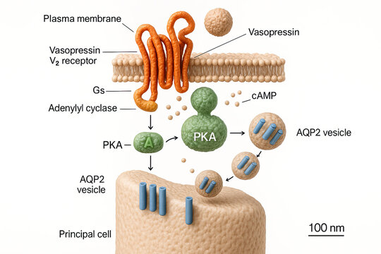 Illustration of the vasopressin V2 receptor signaling pathway within a principal cell, depicting the role of cyclic AMP and protein kinase A in aquaporin-2 vesicle transport.