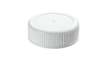 A white plastic bottle cap with vertical ridged sides, on a black background