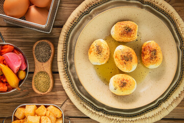 Arabic Cuisine, fried boiled eggs or ''Beid Meza'lil'' is an iconic Egyptian dish. it's boiled eggs fried in ghee or butter until the whites are crispy and golden in color.