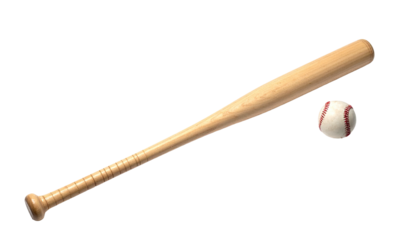 A light-brown baseball bat and a baseball resting against a black background