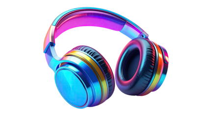 A pair of headphones with a vibrant, colorful, iridescent, metallic design