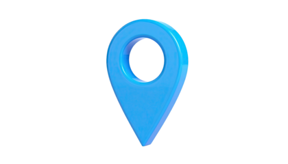 Shiny, light blue, 3D map marker floating against a stark black background