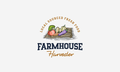 Fresh vegetables in box Logo designs. Natural food for farmers market. Hand drawn vector illustration.