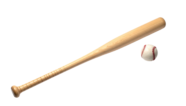 A light-brown baseball bat and a baseball resting against a black background