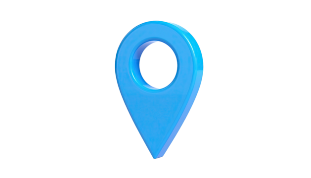 Shiny, light blue, 3D map marker floating against a stark black background
