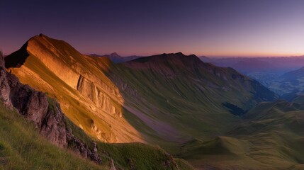 alpine. Panoramic alpine landscape at dusk with warm golden light on mountain peaks. travel magazines, destination branding, designed for outdoor magazines and nature guides.
