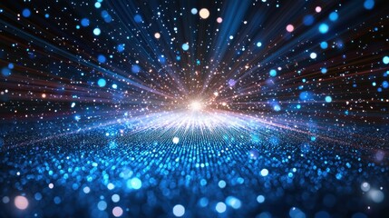Naklejka premium Light pattern diffraction laser interference creating brilliant starburst with radiating beams and luminous particle field across digital surface