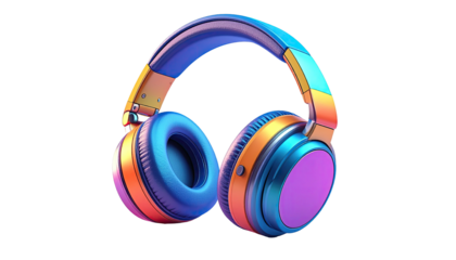 A vibrant, colorful headset with a gradient of blue, orange, and purple hues