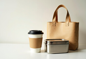 A reusable coffee cup and a stainless steel lunch box in a sustainable bamboo fiber bag. Eco-friendly lifestyle, on a light background.