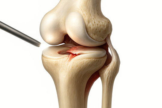 Medical illustration of knee arthroscopy with focus on meniscus tear and surgical instrument.