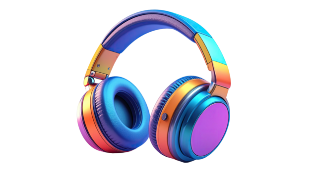 A vibrant, colorful headset with a gradient of blue, orange, and purple hues