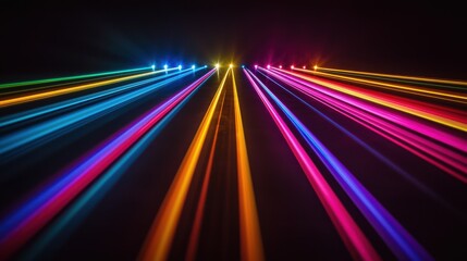 Coherent beam interference creates spectacular multicolored laser light rays converging from vanishing point with vibrant rainbow spectrum patterns on dark background