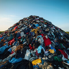 Massive pile of discarded clothing and textiles under a clear blue sky