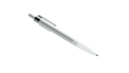 Angled, white pen with silver clip and tip against a black background
