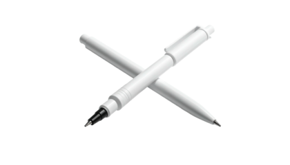 Two white writing instruments, crossed against a black background, close-up shot