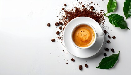 Espresso in white cup on saucer, surrounded by circular spread of ground coffee on white background, emphasizing contrast and texture.